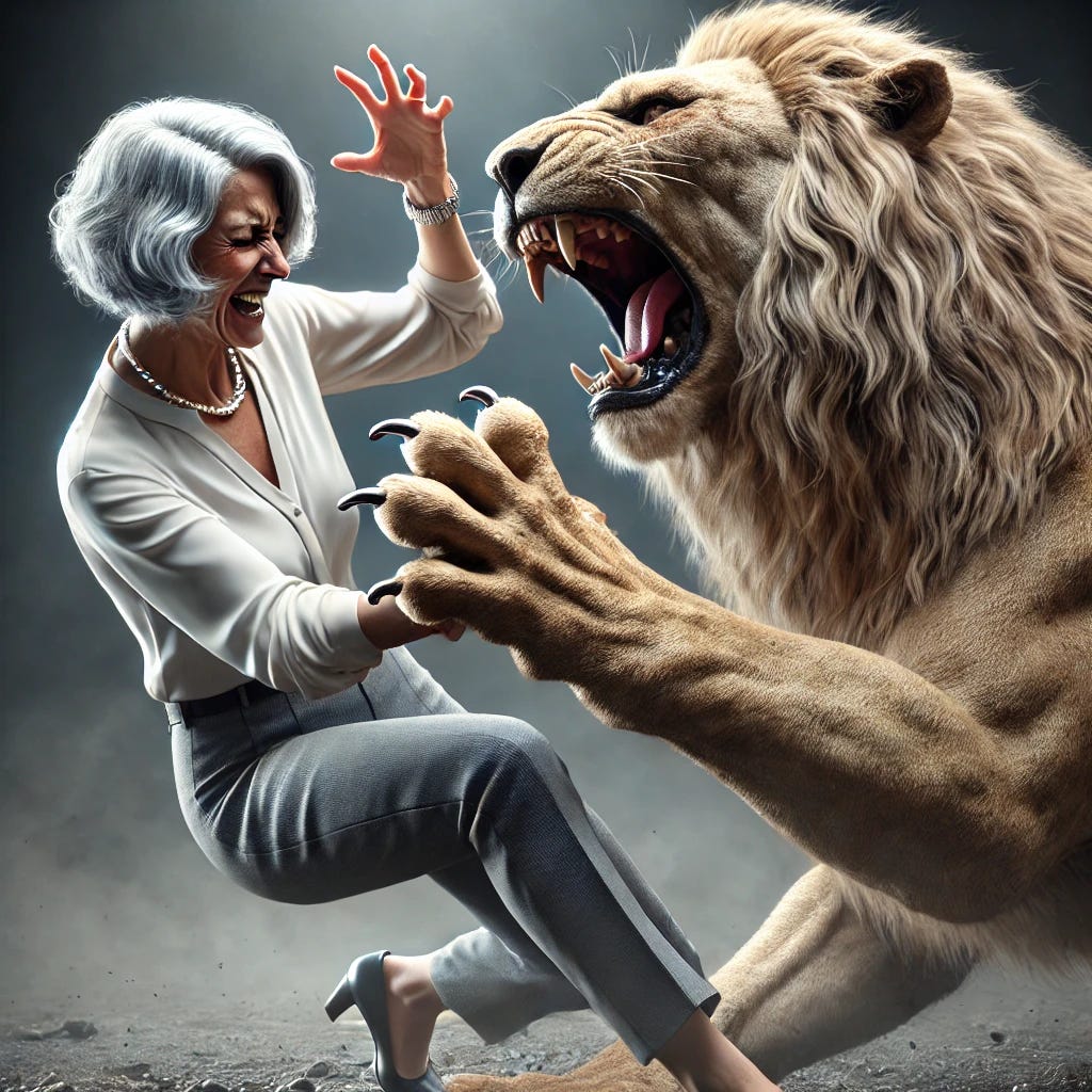 A photorealistic image featuring an older woman in modern attire, with a terrified expression, wrestling a roaring lion. The lion has a realistic, anatomically accurate paw with detailed fur and claws, positioned naturally to enhance the intensity of the scene. The woman is dressed in a stylish blouse, tailored pants, and a pearl necklace, with her gray hair slightly disheveled in the struggle. The dramatic lighting emphasizes the fierce battle in a rugged outdoor landscape.