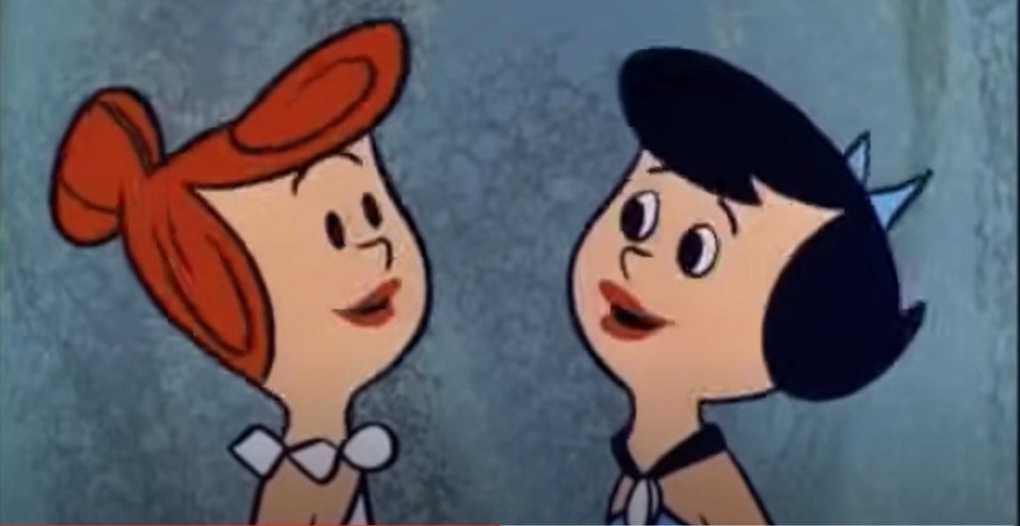 Screenshot of Wilma Flintstone and Betty Rubble just before they head out to "charge it" on a shopping spree Screenshot of Wilma Flintstone and Betty Rubble just before they head out to "charge it" on a shopping spree