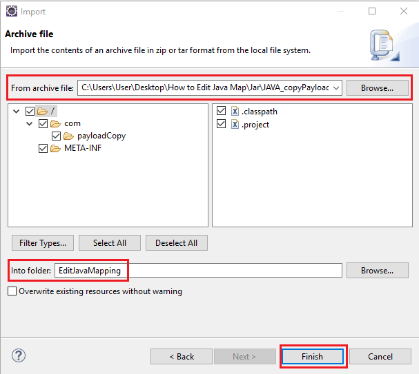 Select content of Archive file to be imported in NWDS Select content of Archive file to be imported in NWDS