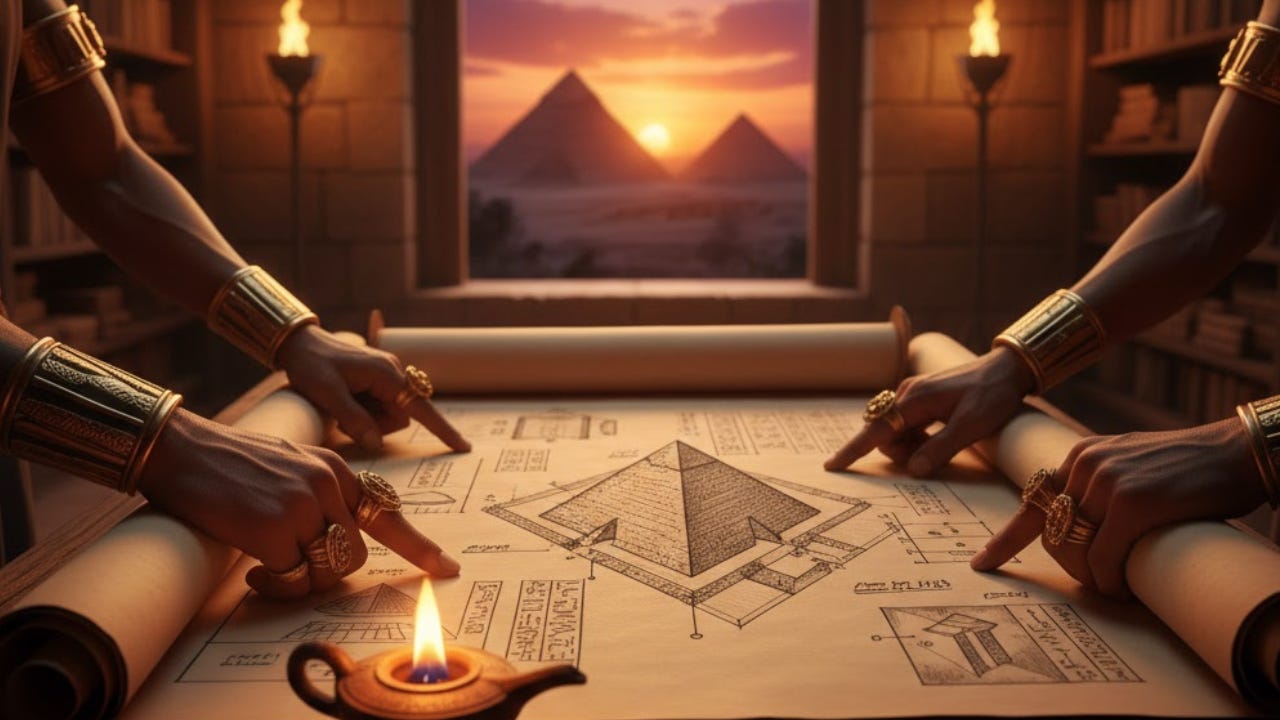 An architectural blueprint of a pyramid on ancient papyrus, held by multiple hands in a candlelit room, symbolizing shared construction and the blueprint of belonging. An architectural blueprint of a pyramid on ancient papyrus, held by multiple hands in a candlelit room, symbolizing shared construction and the blueprint of belonging.