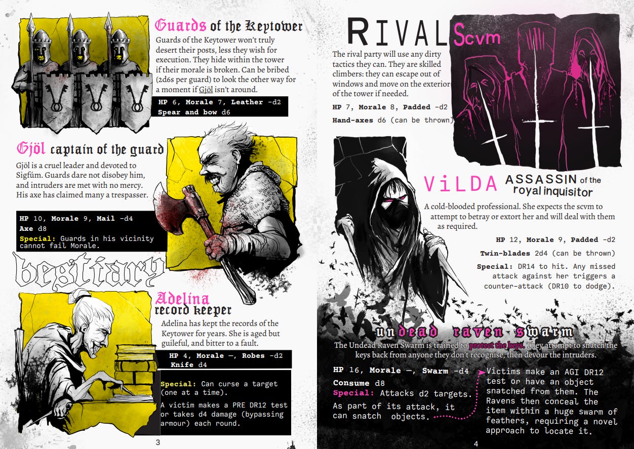 A spread from the Mork Borg ttrpg adventure module The 2nd Keytower of Grift