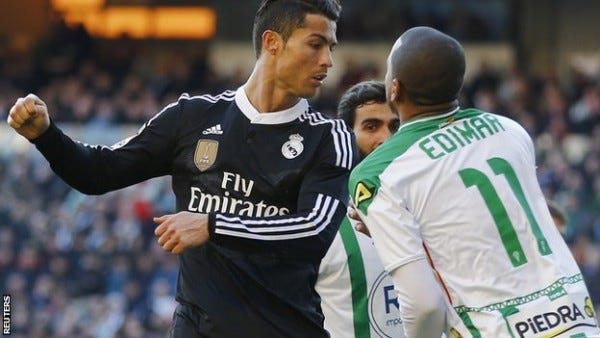 cristiano ronaldo strikes cordoba defender in face for two game ban 2015 images cristiano ronaldo strikes cordoba defender in face for two game ban 2015 images