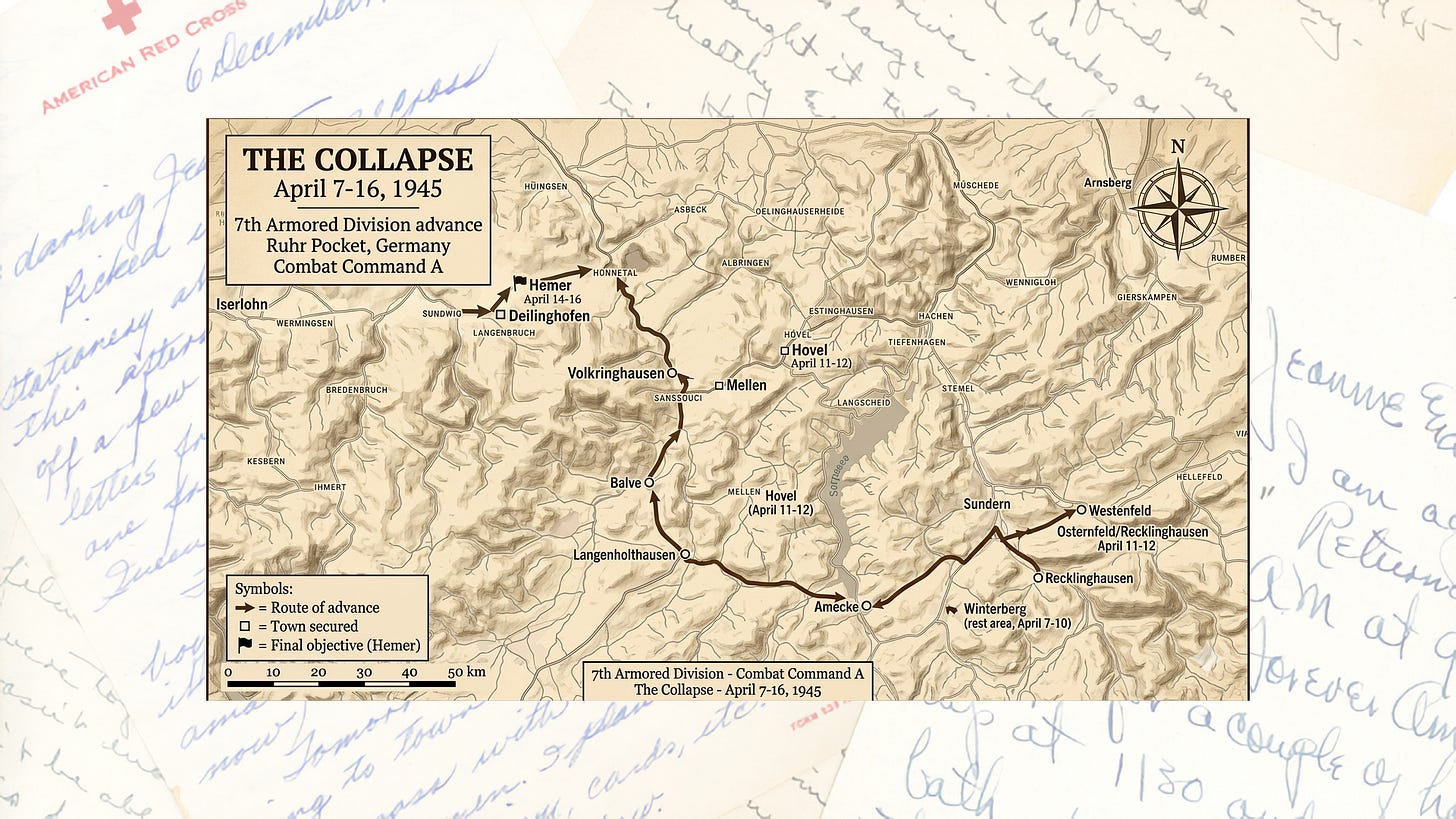 April 7-16, 1945 tactical map showing the 7th Armored Division's advance through mountainous terrain in the Ruhr Pocket from Westenfeld/Recklinghausen northwest to Hemer, covering approximately 45 kilometers through multiple defended towns including Amecke, Langenholthausen, Balve, Volkringhausen, and Deilinghofen