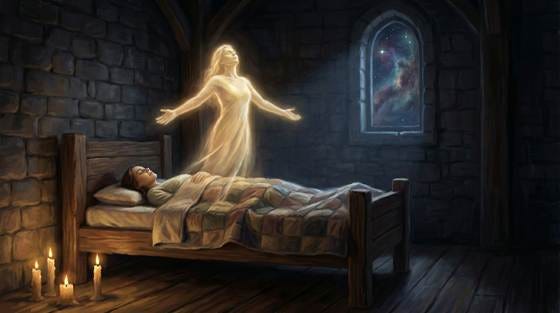 Astral body rising from a sleeping figure in a candlelit room, ascending toward a star-filled cosmos