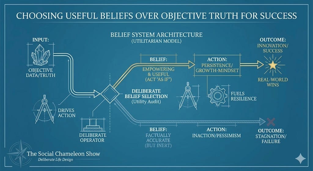 A technical blueprint illustration titled "Choosing Useful Beliefs Over Objective Truth for Success." The diagram compares two paths of belief selection, showing how a "Deliberate Operator" chooses empowering beliefs to drive real-world wins over stagnant, factually accurate pessimism.