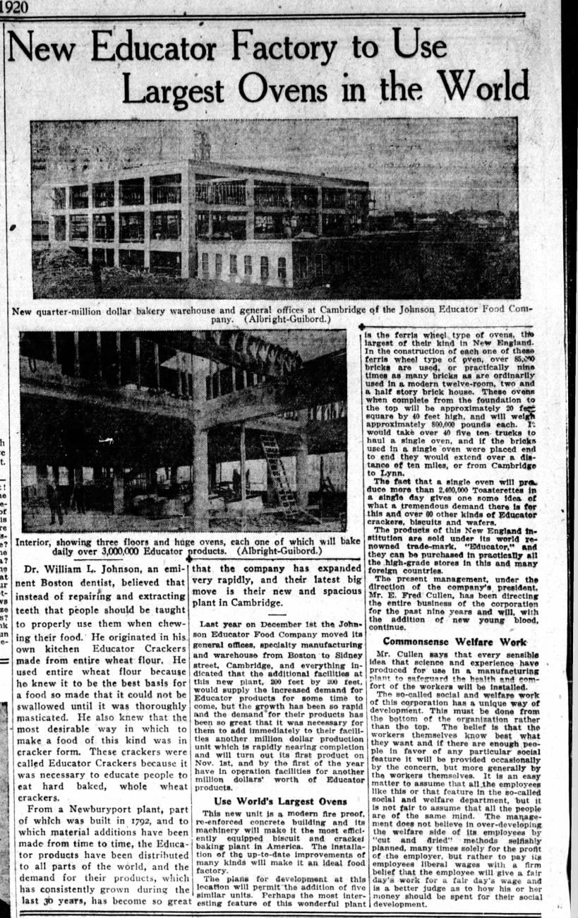 Educator Cracker company to use world's largest oven (1920, William L. Johnson)