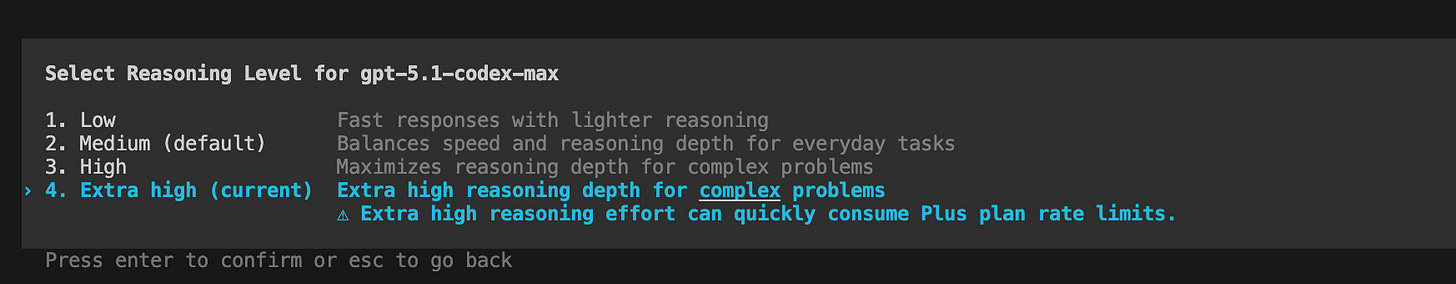 A terminal-style screen showing a menu titled ‘Select Reasoning Level for gpt-5.1-codex-max.’ Four options are listed: Low, Medium (default), High, and Extra high (current). The Extra high option is highlighted, with a note explaining that extra-high reasoning depth can consume Plus plan rate limits. Instructions at the bottom say to press Enter to confirm or Esc to go back.