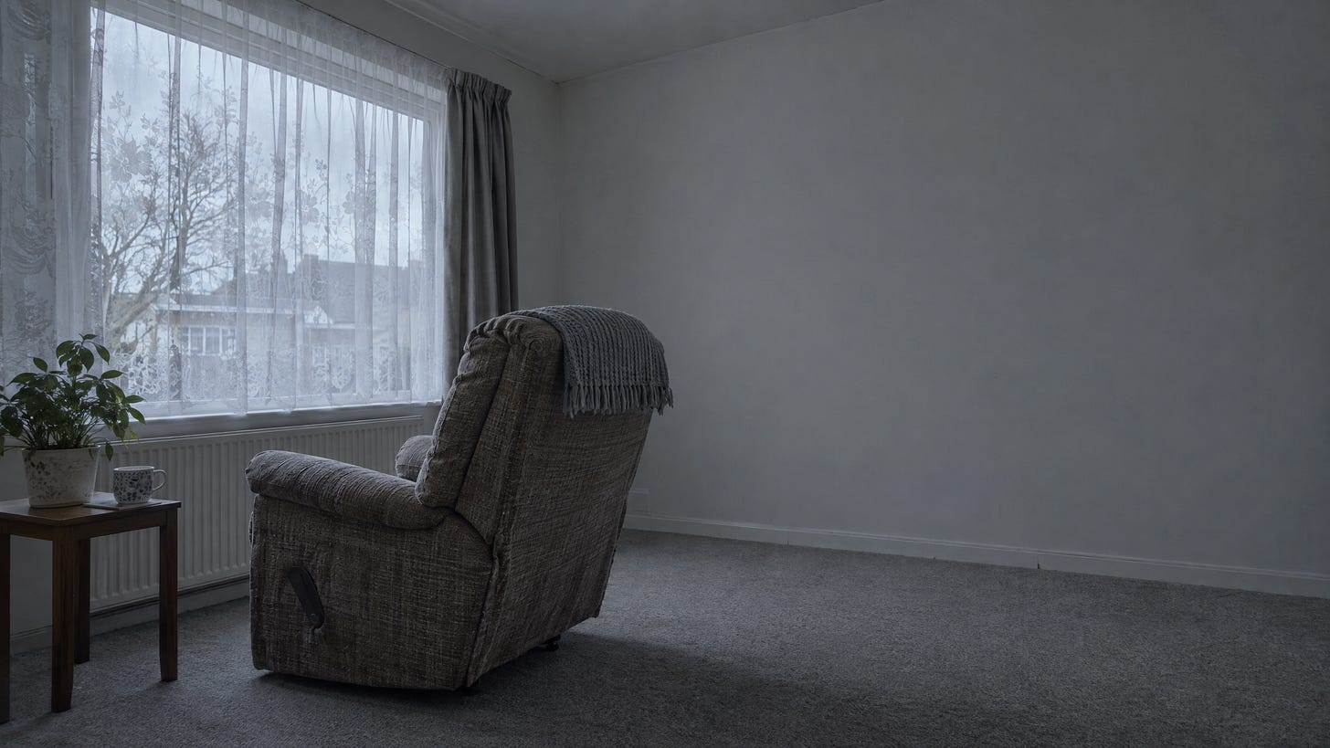 An empty recliner in an ordinary living room, flat afternoon light from a window. An empty recliner in an ordinary living room, flat afternoon light from a window.
