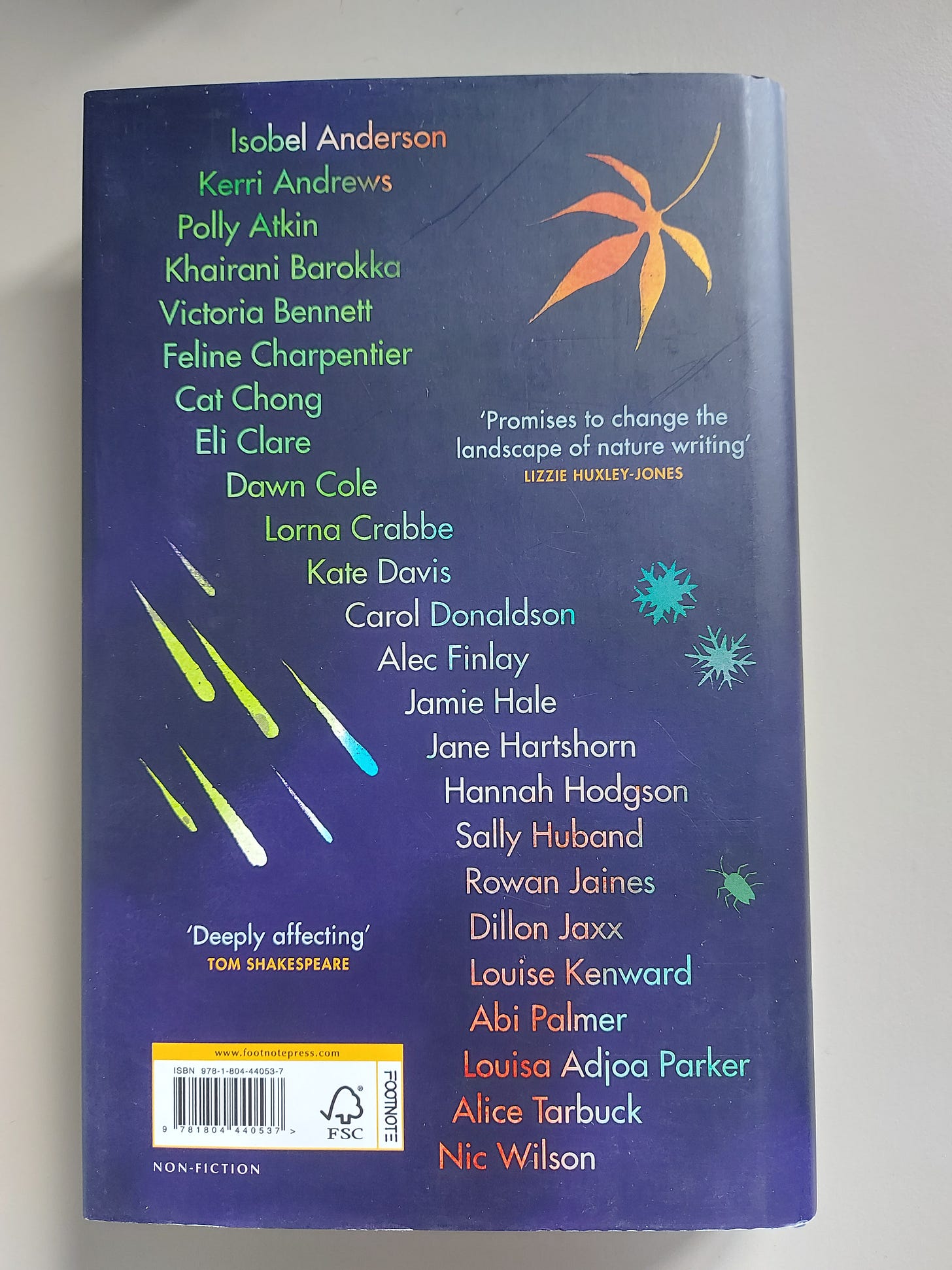 The navy blue back cover of "Moving Mountains". The book's contributors are listed in different colours. The navy blue back cover of "Moving Mountains". The book's contributors are listed in different colours.