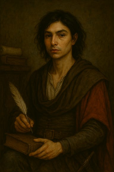 A dark fantasy image of Escher, visually reminiscent of Ezra Miller, disguised as a scholar or philosopher in Castle Ravenloft. He wears a long, flowing robe of deep burgundy and charcoal gray, embroidered with arcane symbols and silver thread. His dark hair is pulled back loosely, and his sharp features are softened by a contemplative expression. He sits at a heavy wooden desk cluttered with scrolls, quills, and ancient tomes, one hand resting on an open book, the other holding a silver-rimmed monocle. Behind him, tall bookshelves stretch into shadow, and a stained-glass window casts moonlight across the stone floor. The atmosphere is quiet, mysterious, and slightly theatrical, with hints of Escher’s vanity beneath the scholarly disguise.