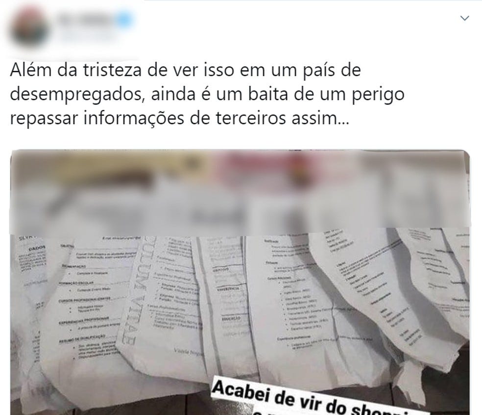 Internautas criticam loja de Porto Velho que embalou produtos com currículos. — Foto: Reprodução/Twitter Internautas criticam loja de Porto Velho que embalou produtos com currículos. — Foto: Reprodução/Twitter