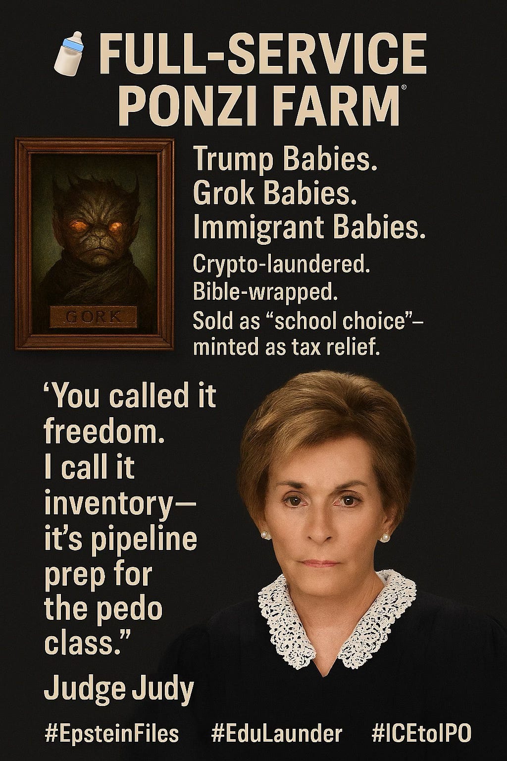 Parody image styled like an ad, with Judge Judy staring forward, a grotesque portrait labeled “GORK,” and copy reading: “Trump Babies. Grok Babies. Immigrant Babies. Crypto-laundered. Bible-wrapped. Sold as ‘school choice.’ Minted as tax relief.” Parody image styled like an ad, with Judge Judy staring forward, a grotesque portrait labeled “GORK,” and copy reading: “Trump Babies. Grok Babies. Immigrant Babies. Crypto-laundered. Bible-wrapped. Sold as ‘school choice.’ Minted as tax relief.”