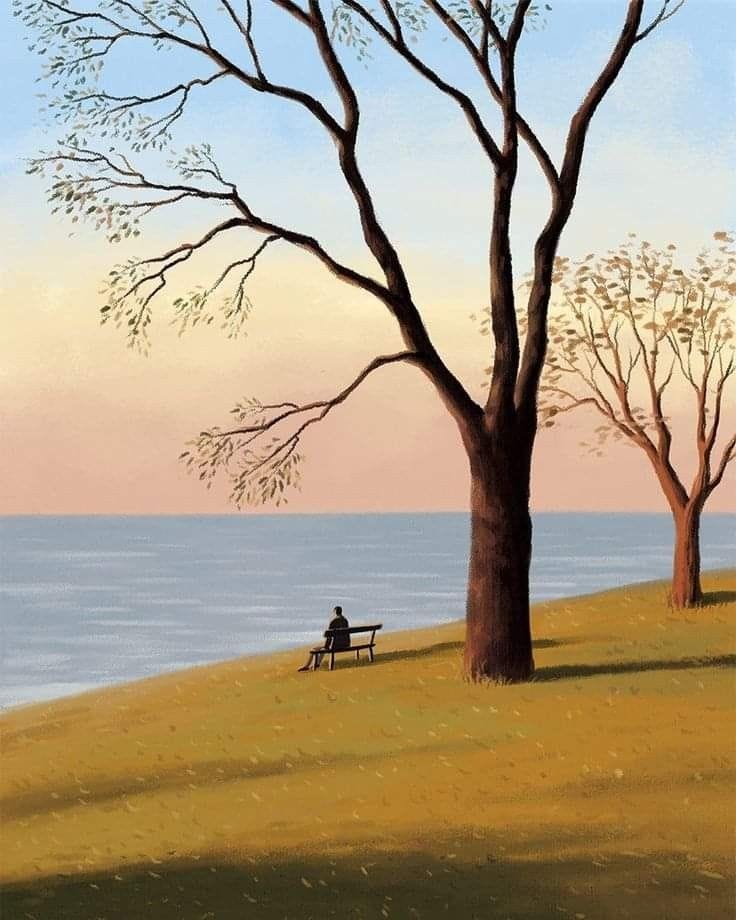 This may contain: a painting of two people sitting on a bench under a tree next to the ocean