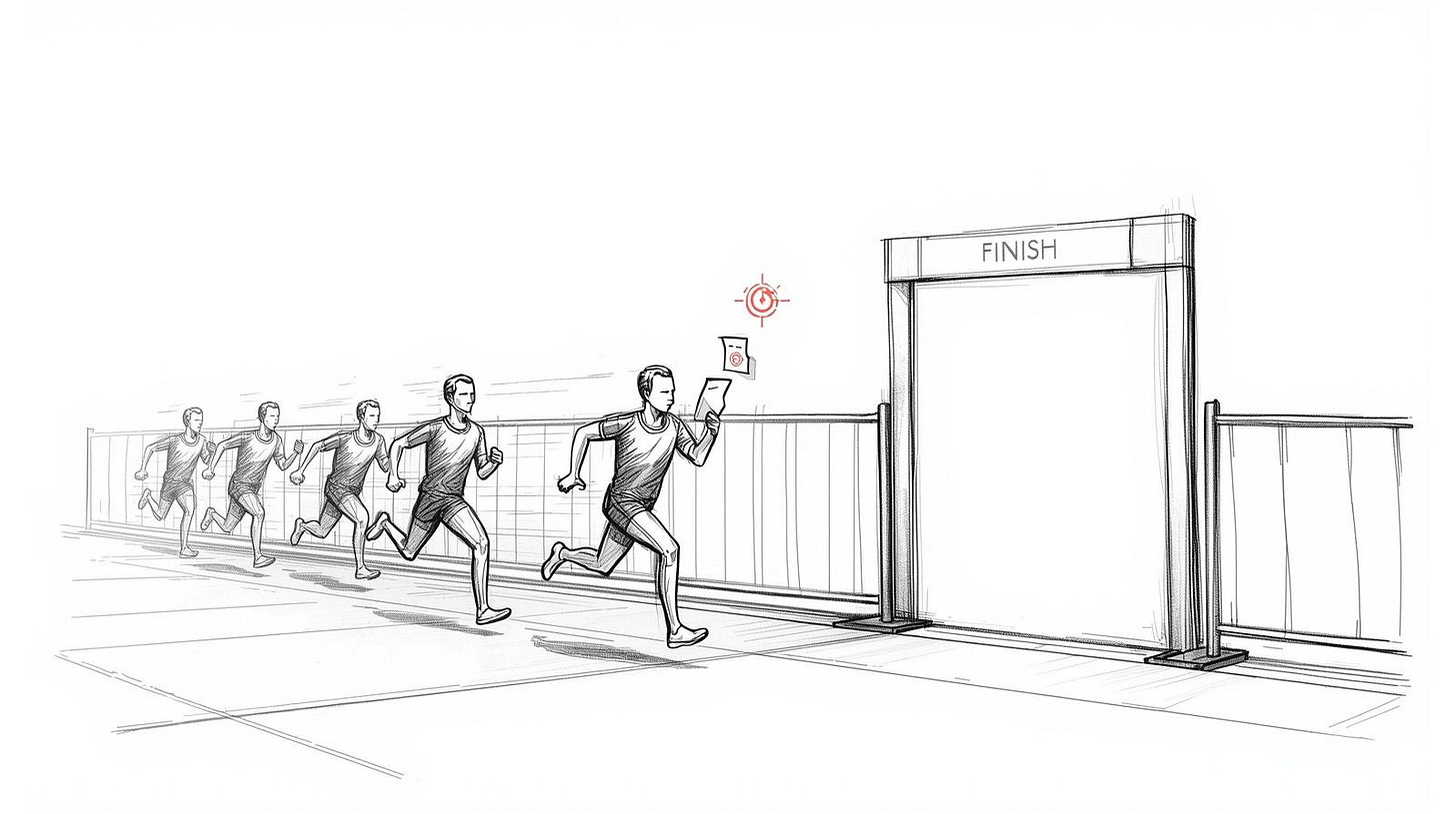Sprinting figures at a gate that opens only for the one holding a matched document