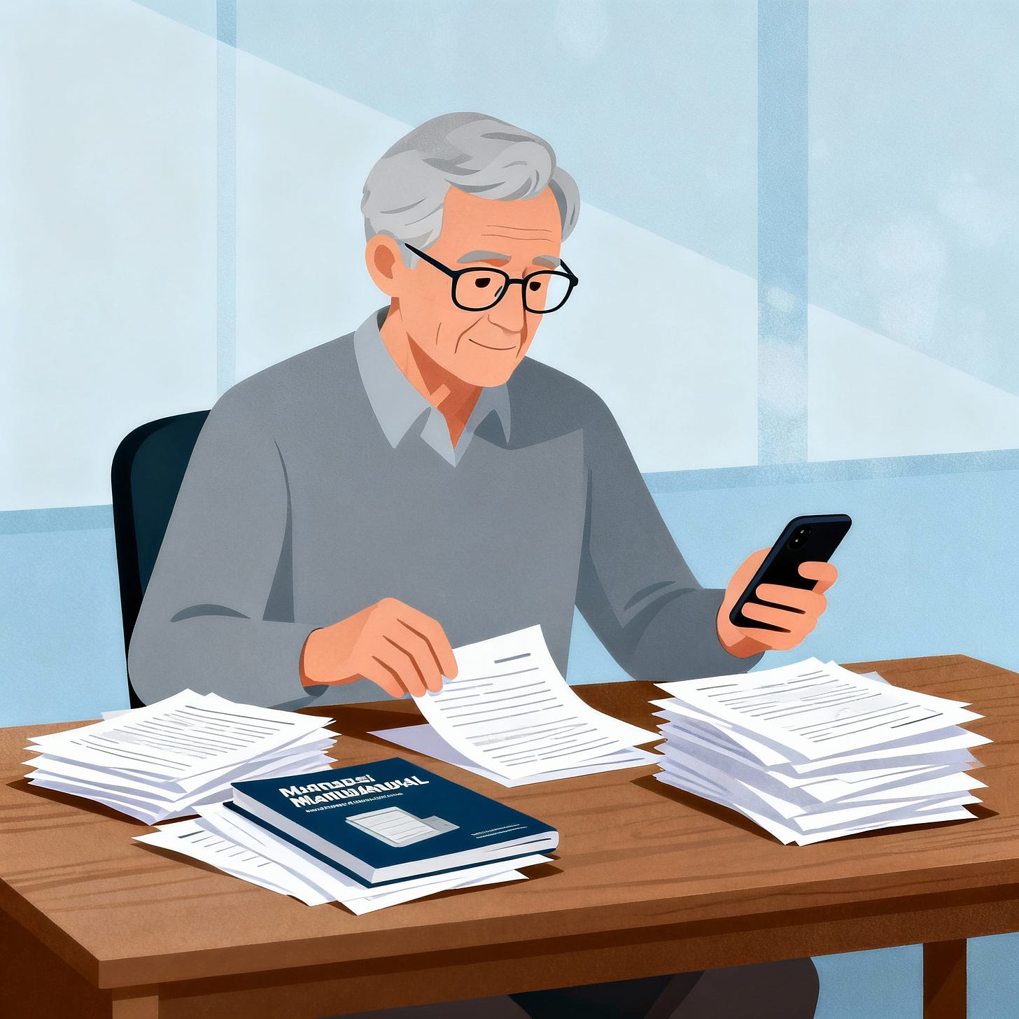Senior sorting papers and manuals holding a phone, infographic-style, no text.