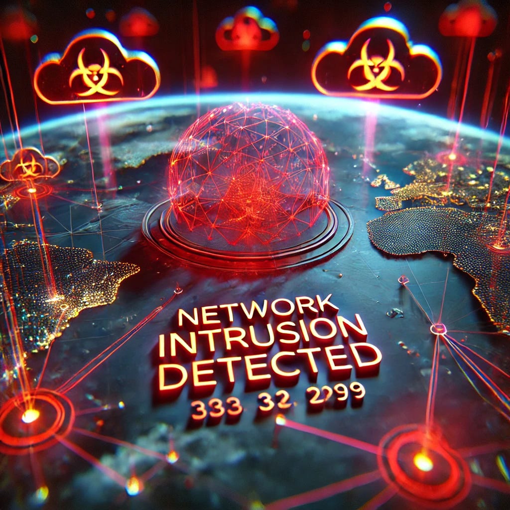 A 3D-rendered image showing a digital landscape with a network intrusion detected warning on a futuristic screen. The scene includes digital alert icons and a sense of urgency with red neon lines spreading outward, representing the rapid spread of an intrusion across connected systems. The style should be high-tech and intense, with dark backgrounds and vivid neon colors to emphasize the alert.