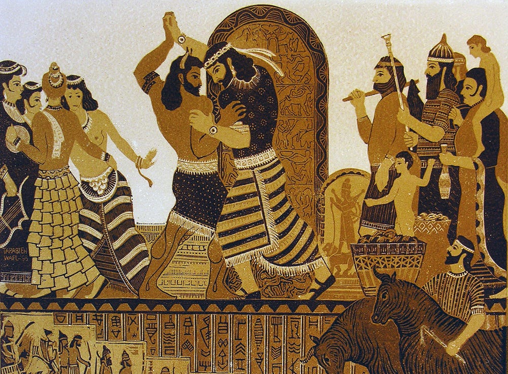 illustration by Wael Tarabieh that depicts Gilgamesh and Enkidu locked in combat in the village of Uruk. They are observed by a crowd of villagers.