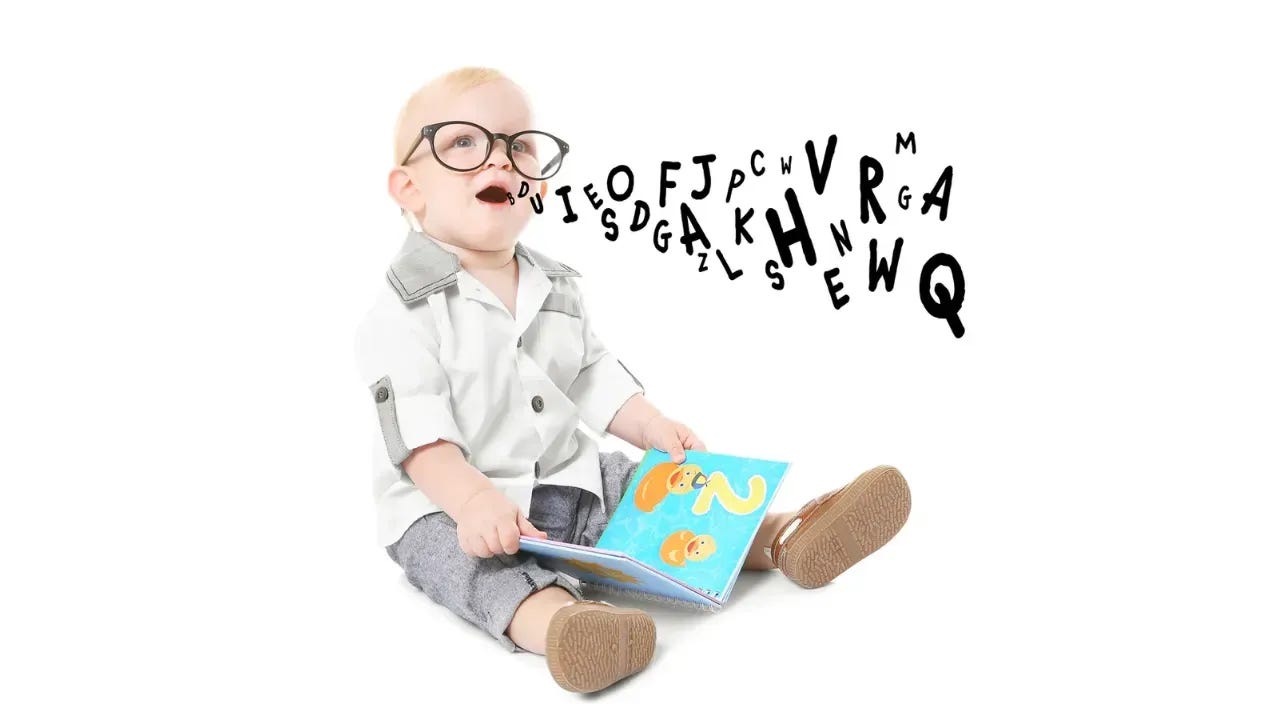 A baby wearing glasses sits holding a colorful book, with scattered alphabet letters floating around their head A baby wearing glasses sits holding a colorful book, with scattered alphabet letters floating around their head