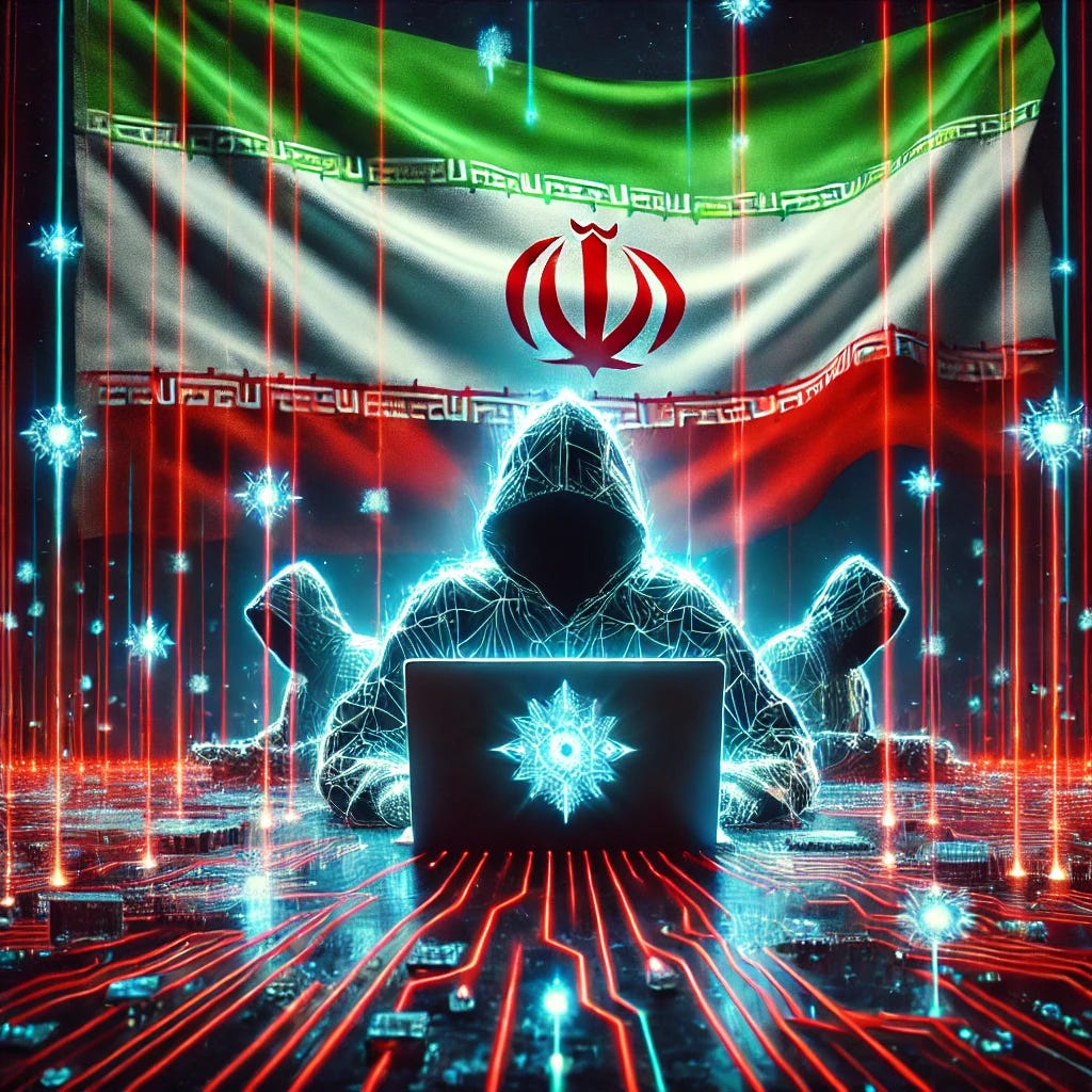 An artistic representation of the CyberAv3ngers group with the Iranian flag in the background. The image shows a cyber hacker surrounded by glowing red and green data streams, symbolizing Iranian state-sponsored cyber attacks.