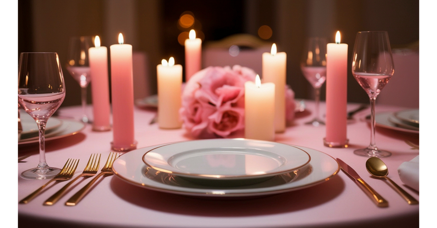 Romantic table setting with pink candles, flowers and elegant place settings for a romance-themed book club dinner.