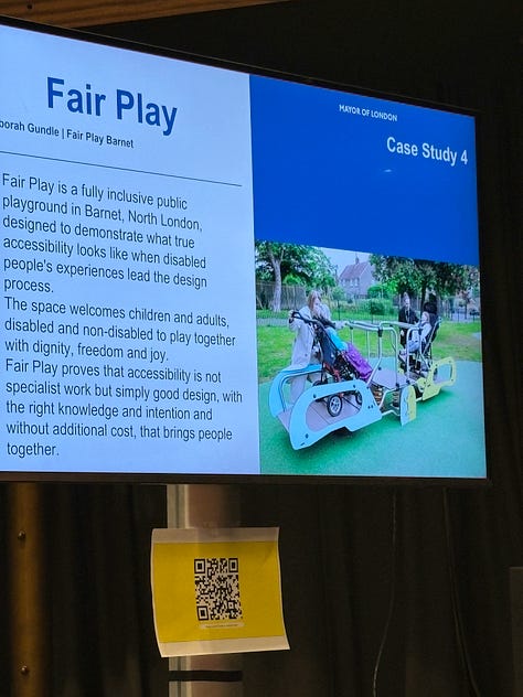 Photos of the stage and the screen of the cover launch, one screen shows a slide about an accessible playground with wheelchair accessible plays