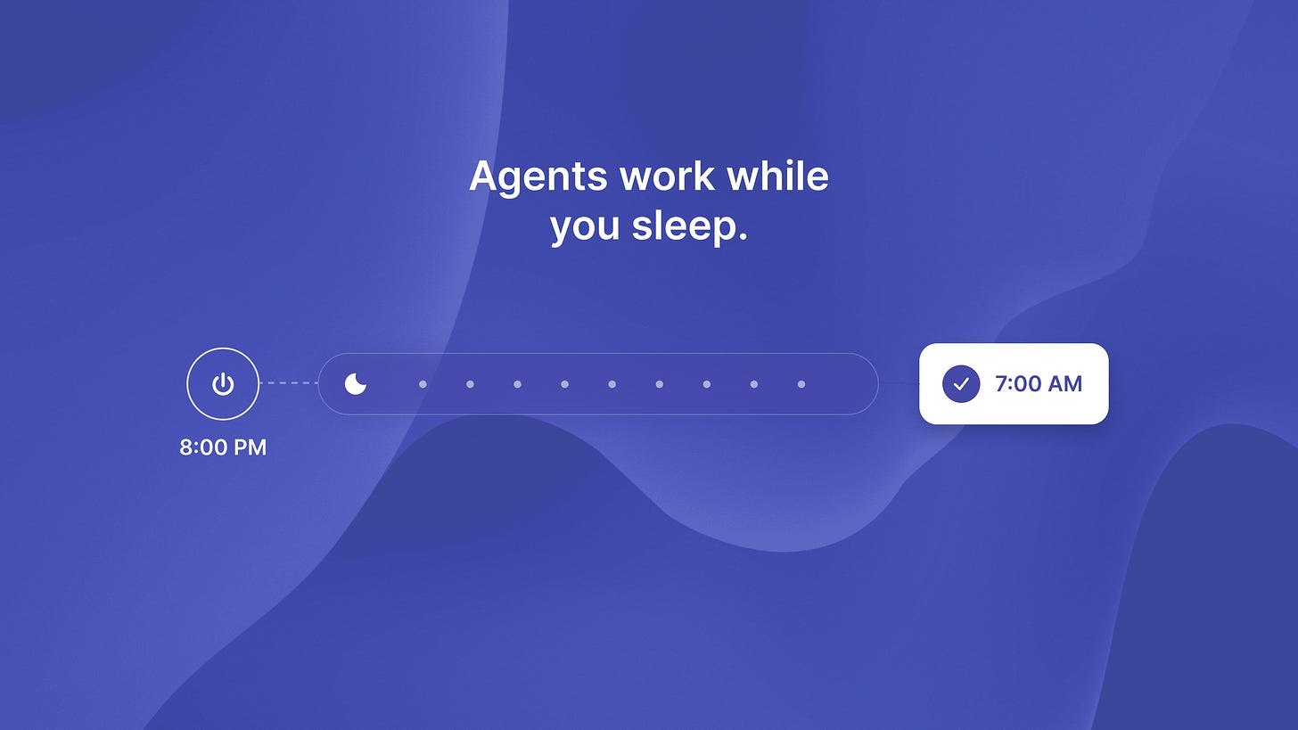 An agent works overnight on an async timeline, from log-off at 8 PM to a finished report at 7 AM.