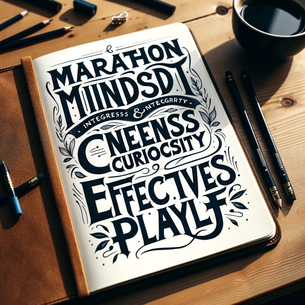 A notebook open on a desk, with each of the following words beautifully handwritten on a page, clearly displaying: Marathon Mindset, Endless curiosity, Integrity, Effective, Playful. The handwriting style is elegant and artistic, with each word starting with a capital letter and the rest in lowercase. The notebook has a leather cover and is placed on a wooden desk, surrounded by a few pencils and a cup of coffee beside it, creating a cozy and inspiring workspace atmosphere.