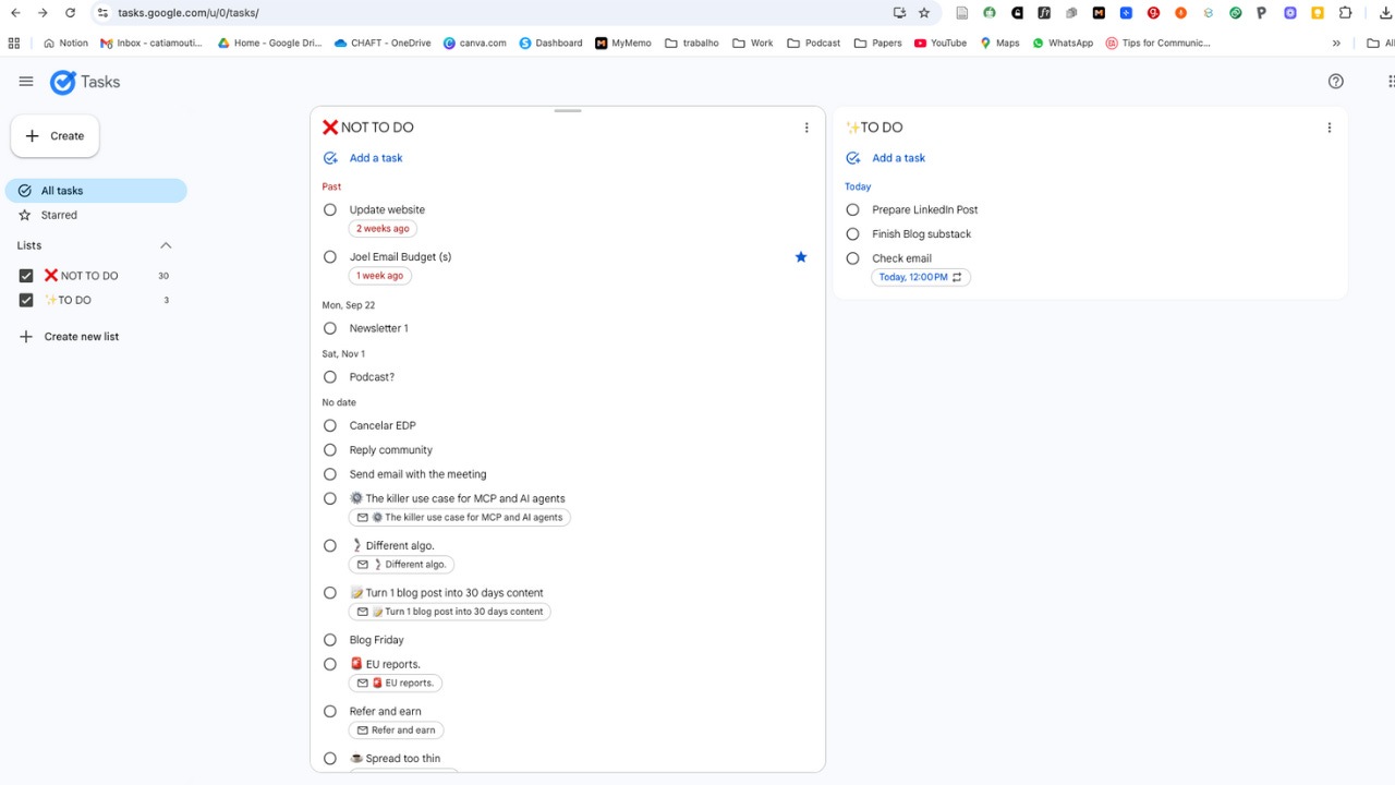 Screenshot of Google Tasks showing 2 lists: “❌ NOT TO DO” with multiple tasks, and “✨ TO DO” with three daily priorities including preparing a LinkedIn post, finishing a blog draft, and checking email.