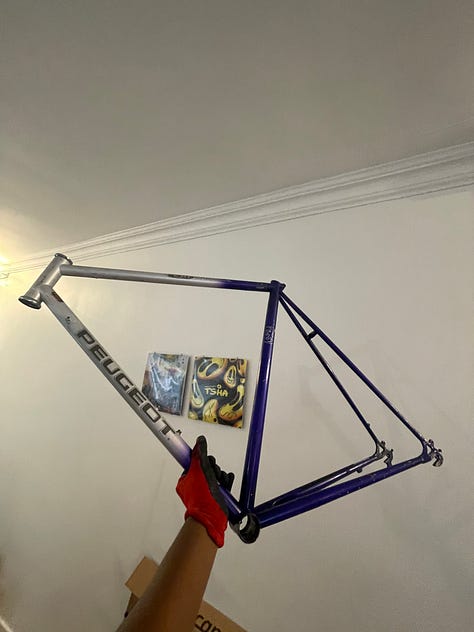 three pictures of a bike frame with the first being just a frame with old paint. the second a stripped frame and the third a frame and fork painted in a lovely turqoise