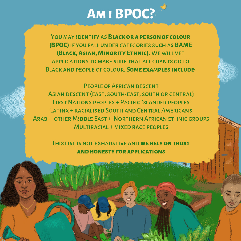 Am I BPOC? You may identify as a BPOC (Black or person of colour) if you would fall under categories such as BAME (Black, Asian, Minority Ethnic). We will vet applications to make sure that all applications go to Black people and people of colour. Some examples include: People of African descent Asian descent (east, south-east, south or central) First Nations peoples & Pacific Islander people Latinx & racialised South and Central Americans Arab & other Middle East & Northern African ethnic groups Multiracial & mixed race peoples This list is not exhaustive and we rely on trust and honesty in applications. Am I BPOC? You may identify as a BPOC (Black or person of colour) if you would fall under categories such as BAME (Black, Asian, Minority Ethnic). We will vet applications to make sure that all applications go to Black people and people of colour. Some examples include: People of African descent Asian descent (east, south-east, south or central) First Nations peoples & Pacific Islander people Latinx & racialised South and Central Americans Arab & other Middle East & Northern African ethnic groups Multiracial & mixed race peoples This list is not exhaustive and we rely on trust and honesty in applications.