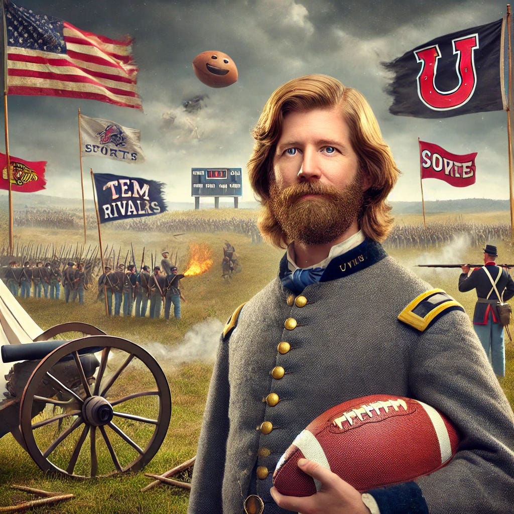 A Union Civil War captain standing proudly in front of a battlefield scene with whimsical elements suggesting an upcoming sports game. In the background, playful hints like a large football, a scoreboard, and banners waving with humorous team rivalry messages appear subtly integrated into the historical setting. The captain has long, shaggy blond hair and a beard, evoking a rugged yet cheerful demeanor. The landscape includes Civil War tents, cannons, and a dramatic sky that mixes with light-hearted sports energy. A Union Civil War captain standing proudly in front of a battlefield scene with whimsical elements suggesting an upcoming sports game. In the background, playful hints like a large football, a scoreboard, and banners waving with humorous team rivalry messages appear subtly integrated into the historical setting. The captain has long, shaggy blond hair and a beard, evoking a rugged yet cheerful demeanor. The landscape includes Civil War tents, cannons, and a dramatic sky that mixes with light-hearted sports energy.