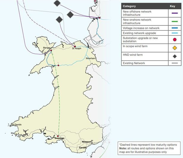 Illustrative route for the planned north-south electricity transmission envisaged for Wales. Its apparent route through Eryri has caused concern, though the National Energy System Operator (NESO) has said no decisions have been made