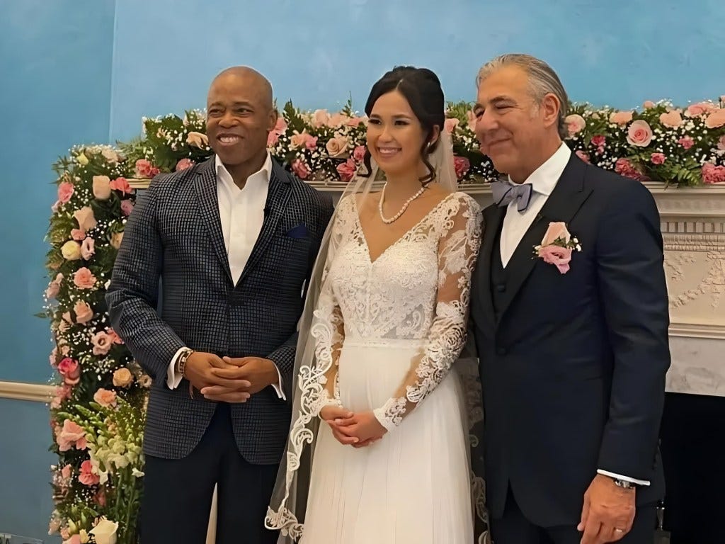 New York Mayor Eric Adams officiating at the wedding of Scott Levenson to his former intern, Ademi Toregeldiyeva, at Gracie Mansion on Jan. 14, 2023. New York Mayor Eric Adams officiating at the wedding of Scott Levenson to his former intern, Ademi Toregeldiyeva, at Gracie Mansion on Jan. 14, 2023.