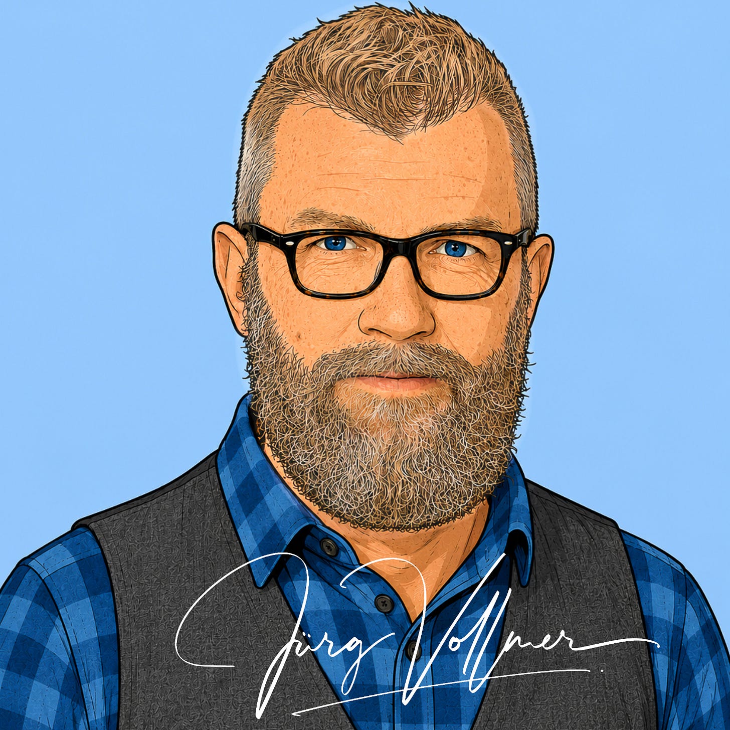 KI-generiertes Porträt im Illustrations-Stil: Der Agrarjournalist Jürg Vollmer mit Bart und schwarzer Brille, blau kariertem Hemd und grauer Weste vor hellblauem Hintergrund. Über der Weste steht in weisser Handschrift die Signatur «Jürg Vollmer».