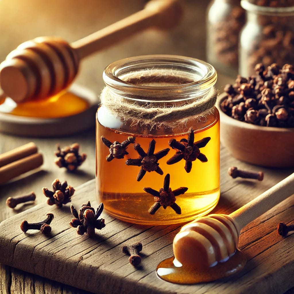A realistic and detailed image of a small glass jar filled with honey, with cloves infused in it. The setup includes whole cloves scattered around, a wooden spoon dipped in honey, and a small plate for presentation. The background features a rustic table with warm, natural lighting to highlight the soothing and natural qualities of this traditional remedy.