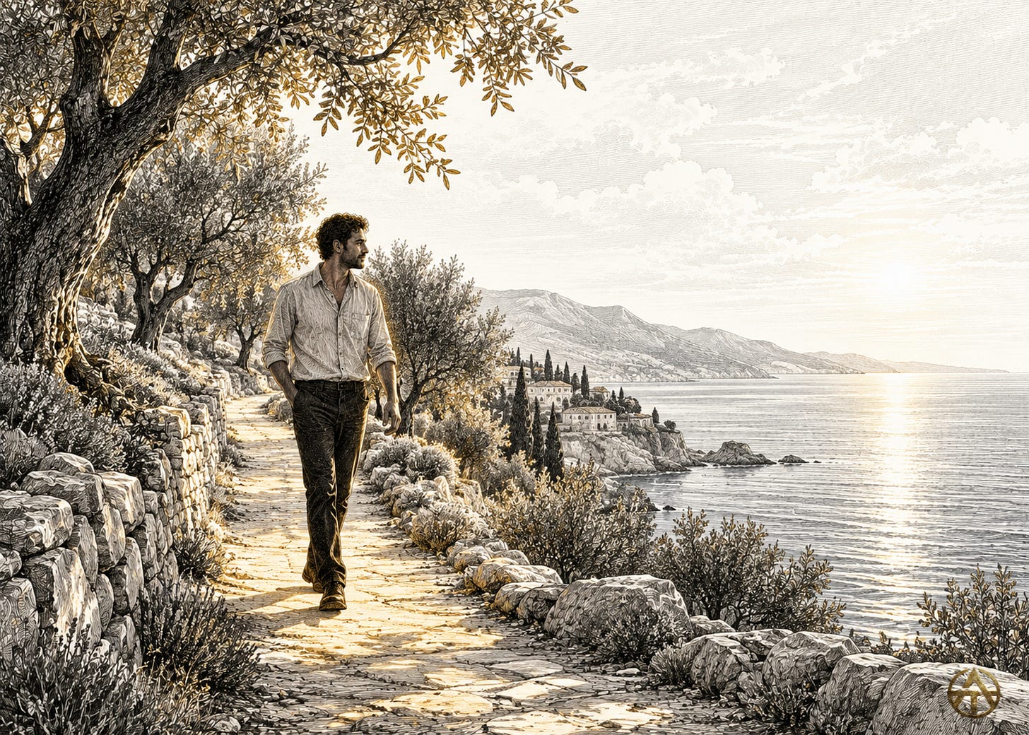 A man walks along a sunlit coastal path beneath olive trees, with the sea opening beside him. A man walks along a sunlit coastal path beneath olive trees, with the sea opening beside him.