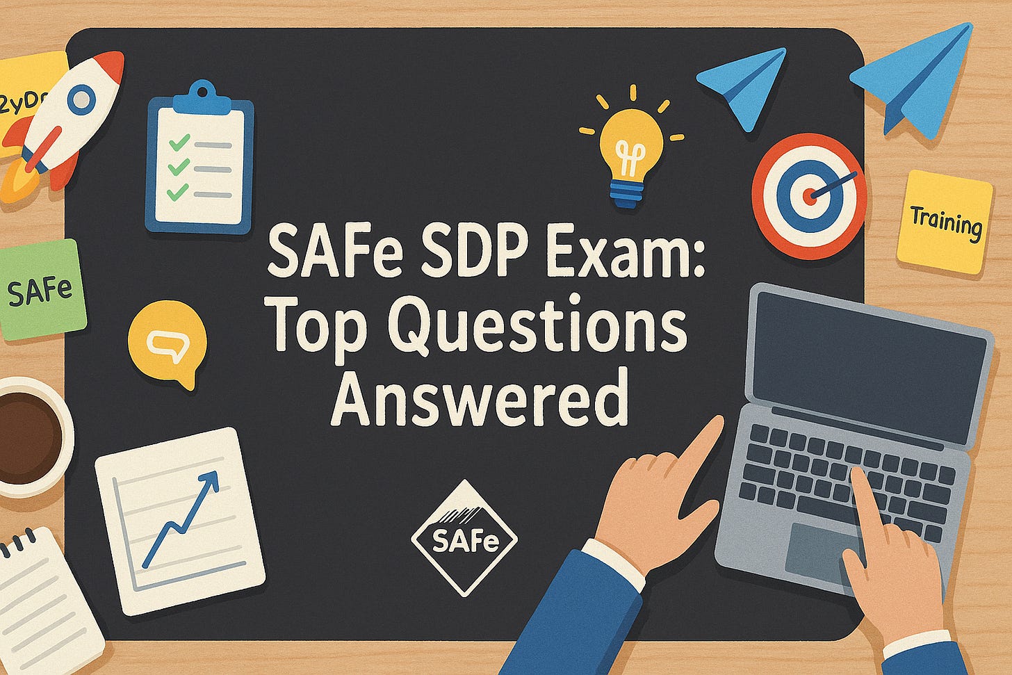 Flat-lay illustration featuring the text "SAFe SDP Exam: Top Questions Answered" on a chalkboard surrounded by certification-themed icons, hands pointing at a laptop, charts, sticky notes, and a coffee cup, symbolizing a collaborative exam preparation session.