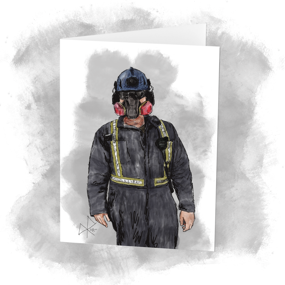 A man stands ready for work - wearing his coveralls, respirator, hard hat and ear+eye protection. Sketch art by Don Rice.