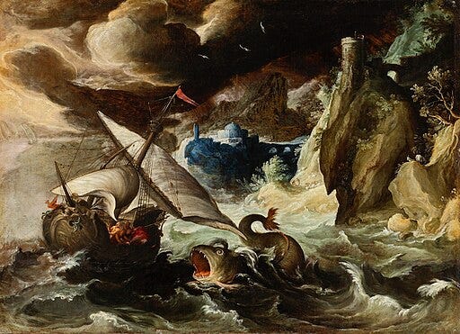 Painting of a sea monster attacking a boat in a storm near a rocky coast