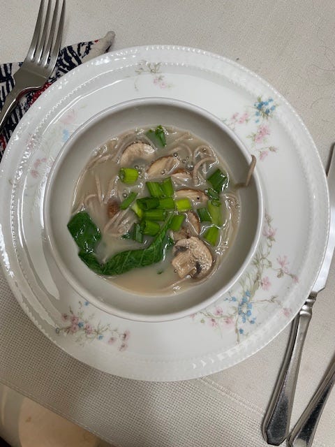 I made my soup with Ramen broth, soba noodles, mushrooms, scallions, and Baby Bok Choy leaves.