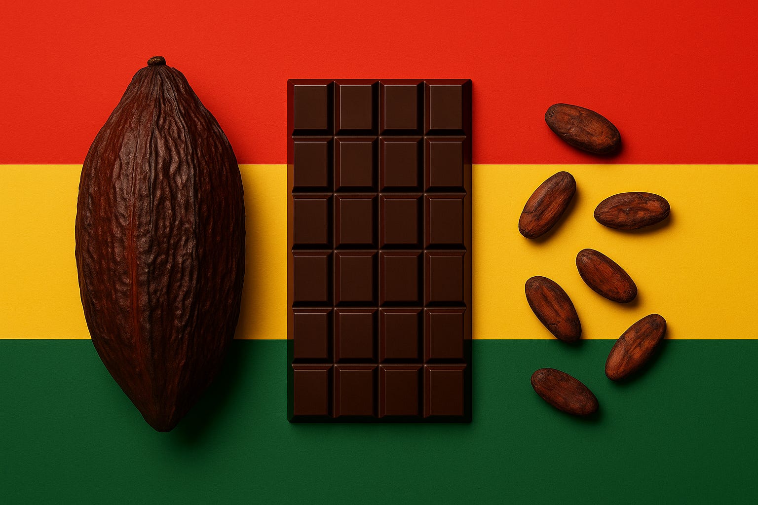 A realistic editorial-style photograph showing cocoa pods and beans arranged on rustic burlap, with faint reflections of Pan-African colours in the background. The image conveys themes of post-independence pride and the economic burden carried by cocoa farmers, balancing beauty and hardship in a minimal, dignified composition.