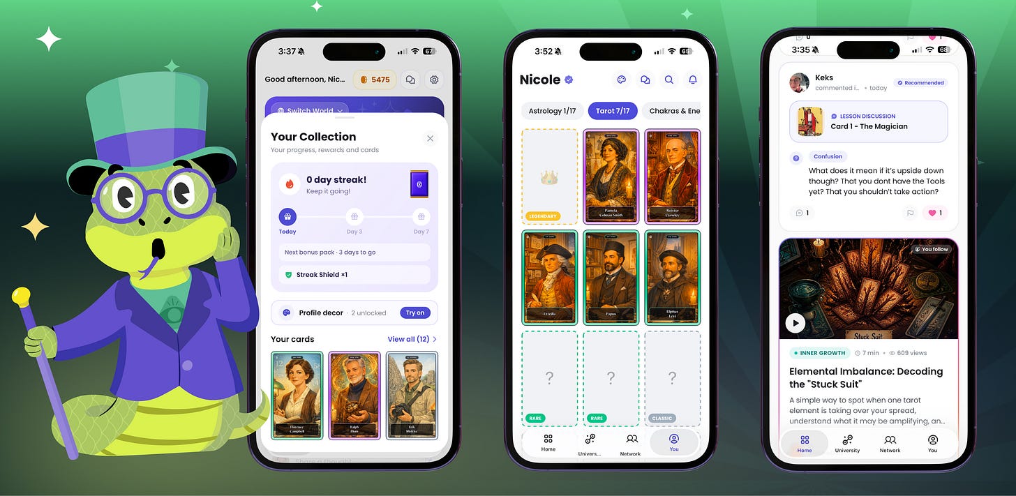 The lizard mascot beside app screens showing a card collection and a community feed. The lizard mascot beside app screens showing a card collection and a community feed.
