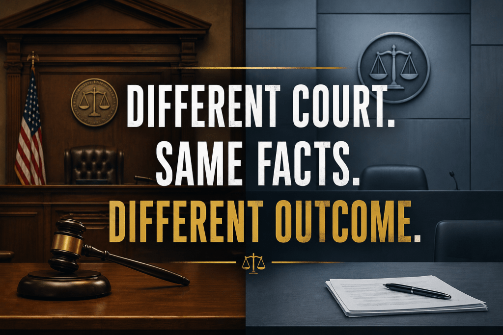 A split image featuring a traditional courtroom on the left with a gavel and the phrase 'Different Court. Same Facts. Different Outcome.' contrasted against a modern courtroom setting on the right with a blank notepad and pen. A split image featuring a traditional courtroom on the left with a gavel and the phrase 'Different Court. Same Facts. Different Outcome.' contrasted against a modern courtroom setting on the right with a blank notepad and pen.