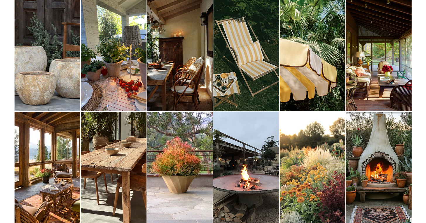 modern cabin porch aesthetic, mountain lodge style, polywood rocking chairs, concrete stump side tables, rustic porch furniture