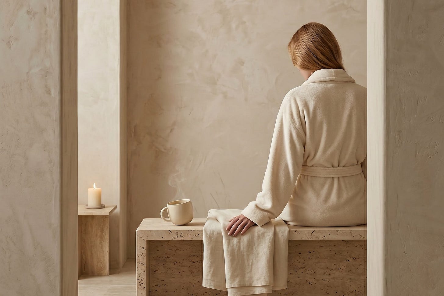 Landscape image of a travertine bench inside a plaster doorway with a satin robe draped over it, a steaming mug of pale tea, a closed notebook, and one candle in soft ivory light.