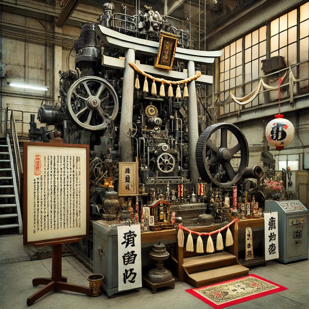 A Japanese factory with an industrial machine that has been transformed into a small Shinto shrine. The machine, aged and well-worn, is placed at a special corner with traditional Shinto decorations like a torii gate, small offerings, and wooden plaques with prayers. The shrine features paper streamers and sakaki branches, reflecting gratitude towards the machine's long service. Workers and small traditional elements, like lanterns and ropes, give the setting a solemn, respectful atmosphere within the factory environment.