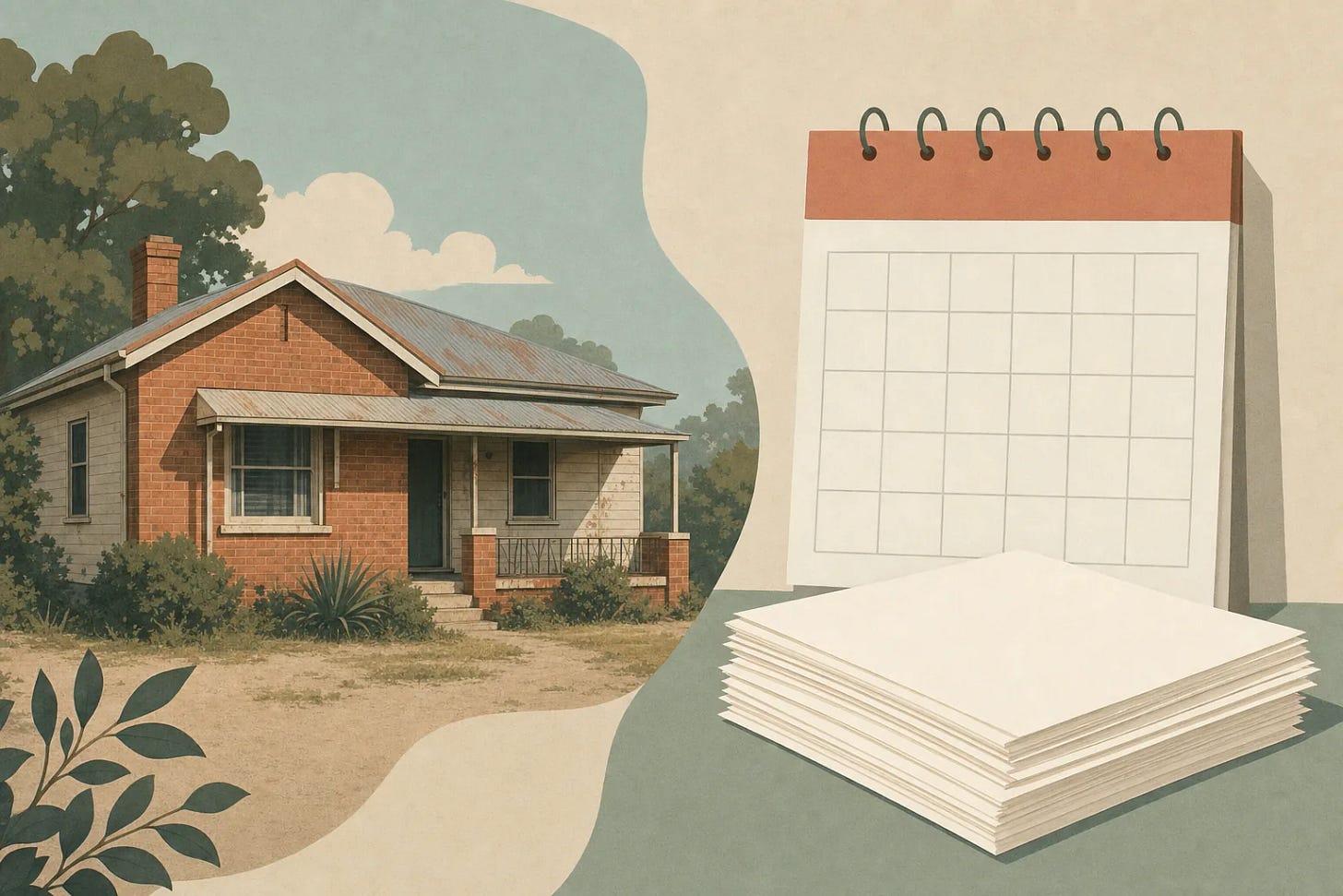 A flat illustration of a modest older brick house beside an oversized blank wall calendar and a stack of plain paper A flat illustration of a modest older brick house beside an oversized blank wall calendar and a stack of plain paper