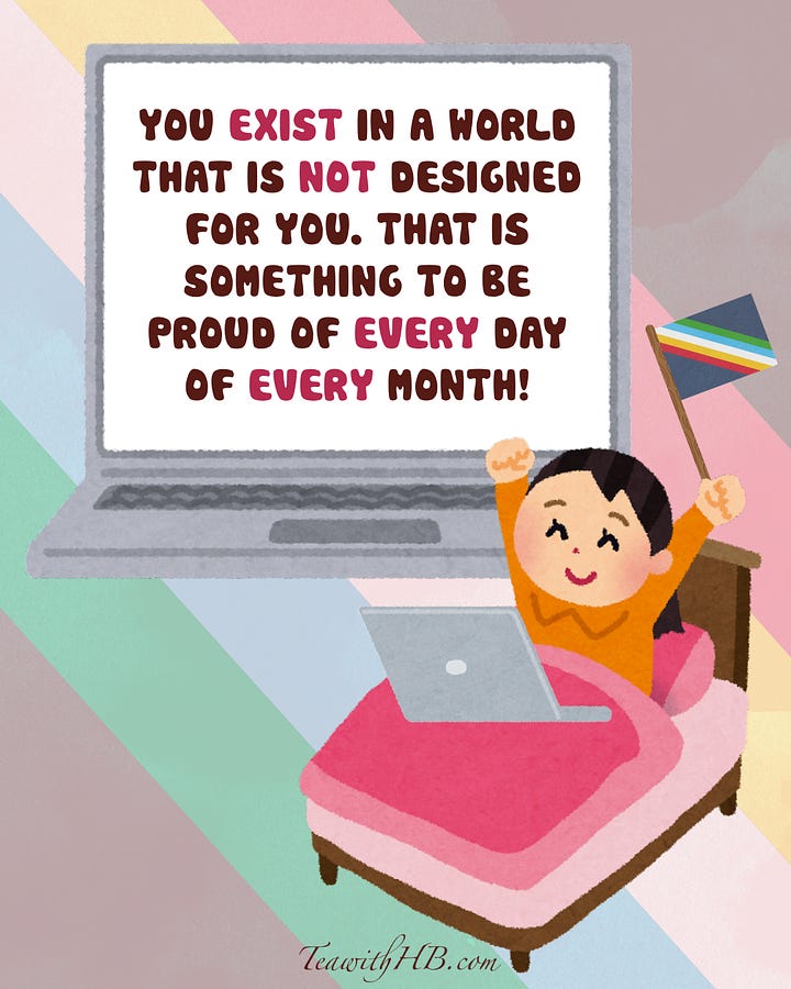 Colorful disability pride post featuring the text "Disability Pride?! 3 Reasons to Feel Proud!" with an illustration of a young girl holding the disability pride flag. Slide 2: Illustration of a smiling woman holding a sign that reads "You are part of creating a better world for future disabled people by asking for help and raising awareness!" Surrounded by diverse illustrated characters including an elderly man with a cane, a chronically ill girl running, a baby, a woman with crutches, a person in a wheelchair, and a service dog. Slide 3: Illustration of a female painter at an easel with text reading "You belong to an incredible community of... imaginative, resilient, and creative people!" Slide 4: Illustration showing a laptop, a girl waving the disability pride flag in bed, using a screen reader. Text reads "You exist in a world that is not designed for you. That is something to be proud of every day of every month!"