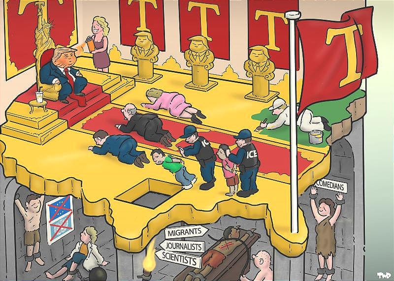 Cartoon showing a throne room with Trump on a golden throne, surrounded by gold ornaments, golden busts of Donald Trump, and red flags with a large golden 'T' on it. Sycophants are on the floor before the throne, on their knees with heads to the floor, while a lady servant next to the throne sprays orange spray tan onto Trump's face. The golden throne room floor has the shape of America. To the left there is a hole in the floor. Two ICE goons are pushing migrants in the hole. Below the golden floor we see a Cartoon showing a throne room with Trump on a golden throne, surrounded by gold ornaments, golden busts of Donald Trump, and red flags with a large golden 'T' on it. Sycophants are on the floor before the throne, on their knees with heads to the floor, while a lady servant next to the throne sprays orange spray tan onto Trump's face. The golden throne room floor has the shape of America. To the left there is a hole in the floor. Two ICE goons are pushing migrants in the hole. Below the golden floor we see a