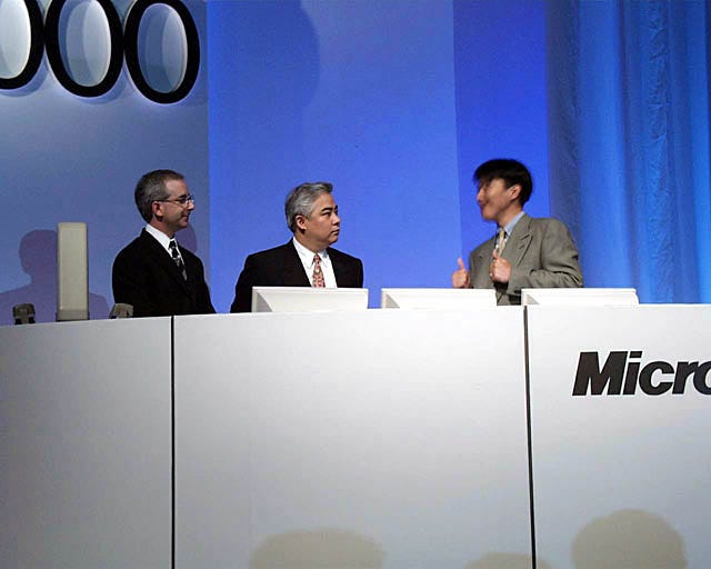 Photo of stage demonstrations during the Japan launch. Featured in the photo behind a lectern are myself, Sam Furukawa, and Nobuyoshi Yokio (Mr. Office). Photo of stage demonstrations during the Japan launch. Featured in the photo behind a lectern are myself, Sam Furukawa, and Nobuyoshi Yokio (Mr. Office).